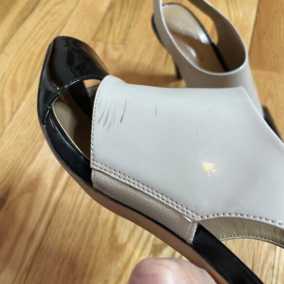 Ann Taylor spats style open toed heels taupe black patent 6 - Picture 5 of 9